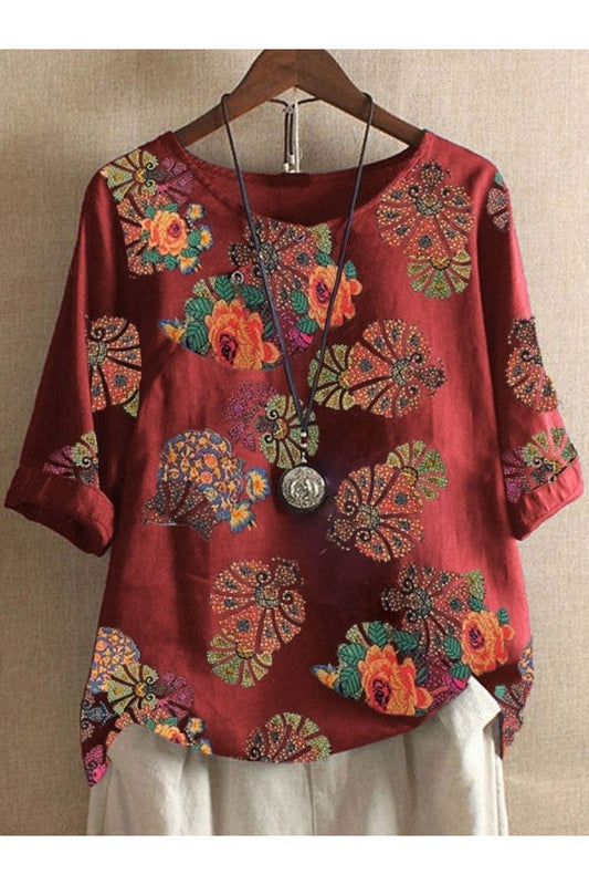 Arlette - Rote Bluse mit kurzen Ärmeln und Blumendruck