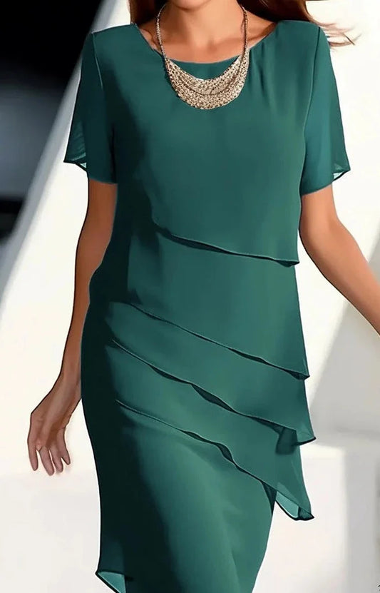 Karen - Kurzärmeliges Kleid mit rundem Halsausschnitt und einfarbigem Patch, elegant und weich