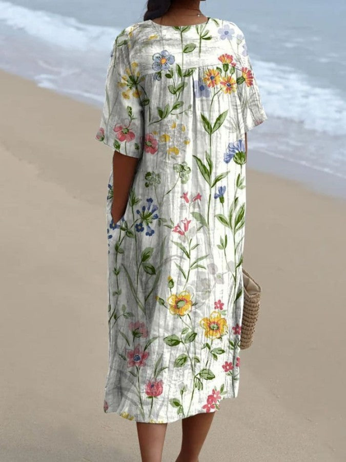 Enola - Women's vintage schönes Blumenkleid mit Kunstdruck lässig fließendes Kleid