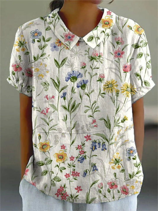 Camila - Lässiges Baumwoll-Leinenhemd mit Retro-Blumenprint für Damen